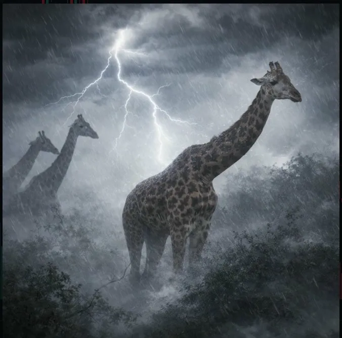 Giraffes in a lightning storm